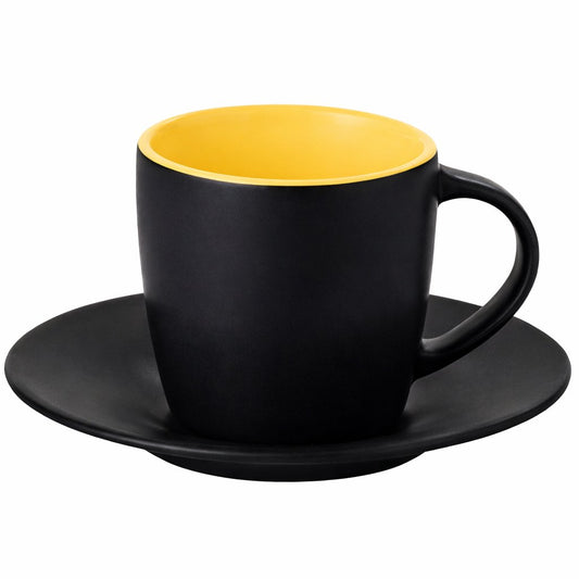 matte-schwarze-tasse-mit-untertasse-unterteller-bedrucken-innen-gelb